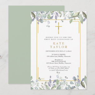 Convites Primeira Comunhão Floral Verdejante Cruz Dourada