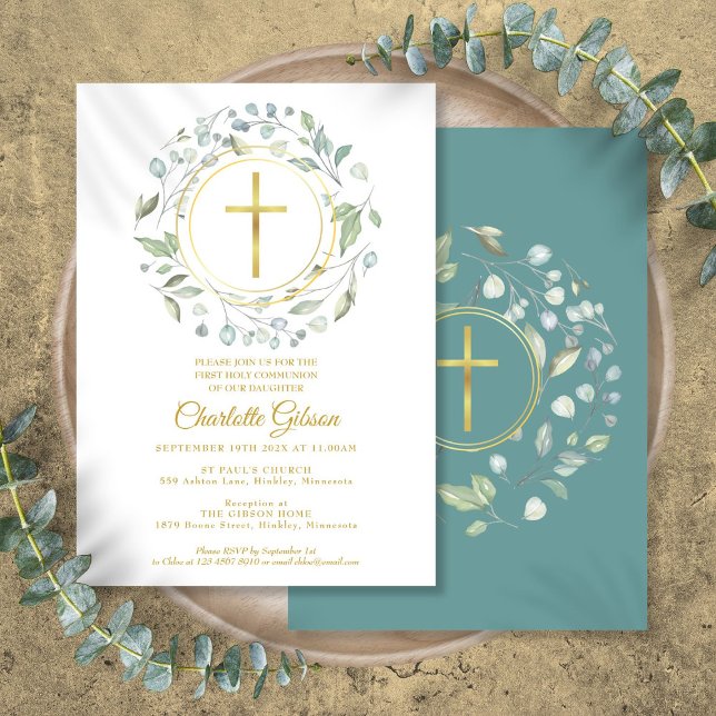 Convites Primeira Comunhão Folhagem Cruz Dourada (First Holy Communion Greenery Gold Cross Invitation)