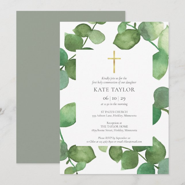 Convites Primeira Comunhão Folhagem Eucalipto (Frente/Verso)