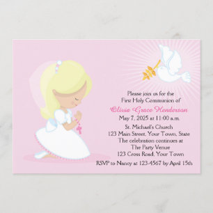 Convites Primeira Comunhão, Loura Menina, Rosa