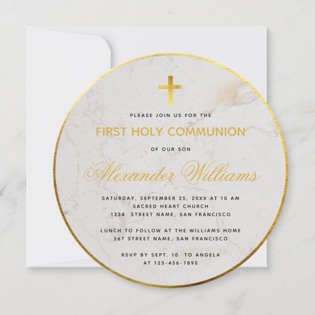 Convites Primeira Comunhão Mármore Rótulo Folha Dourada Fal (Frente)