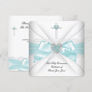 Convites Primeira Comunhão Menina Azul Teal Coração Branco