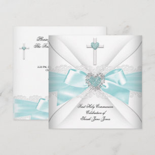 Convites Primeira Comunhão Menina Azul Turquesa Coração Bra