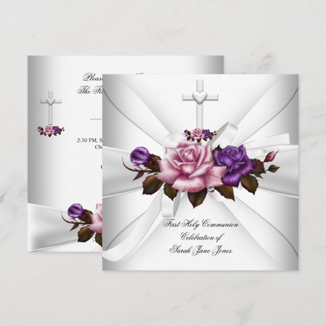 Convites Primeira Comunhão Menina Branco Prata Rosa Roxo (Frente/Verso)