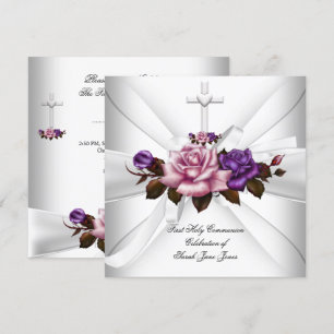 Convites Primeira Comunhão Menina Branco Prata Rosa Roxo