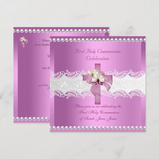Convites Primeira Comunhão Menina Branco Renda Pérola Rosa (Frente/Verso)