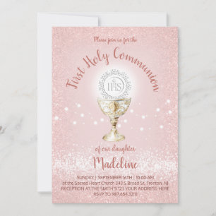 Convites Primeira Comunhão menina católica rosa