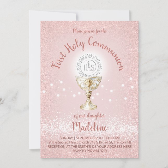 Convites Primeira Comunhão menina católica rosa (Frente)
