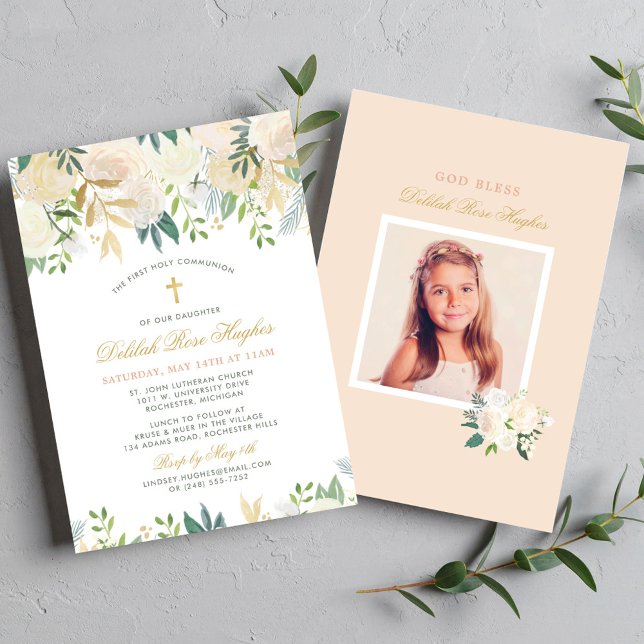Convites Primeira Comunhão Menina com Borda Floral em Doura (Criador carregado)