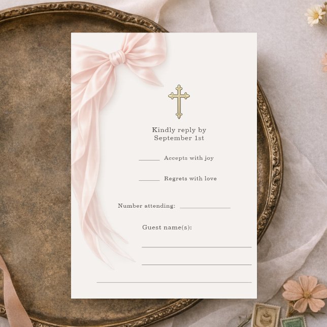 Convites Primeira Comunhão Menina com Laço Rosa RSVP (Criador carregado)