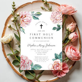 Convites Primeira Comunhão Menina Cruz Floral Elegante
