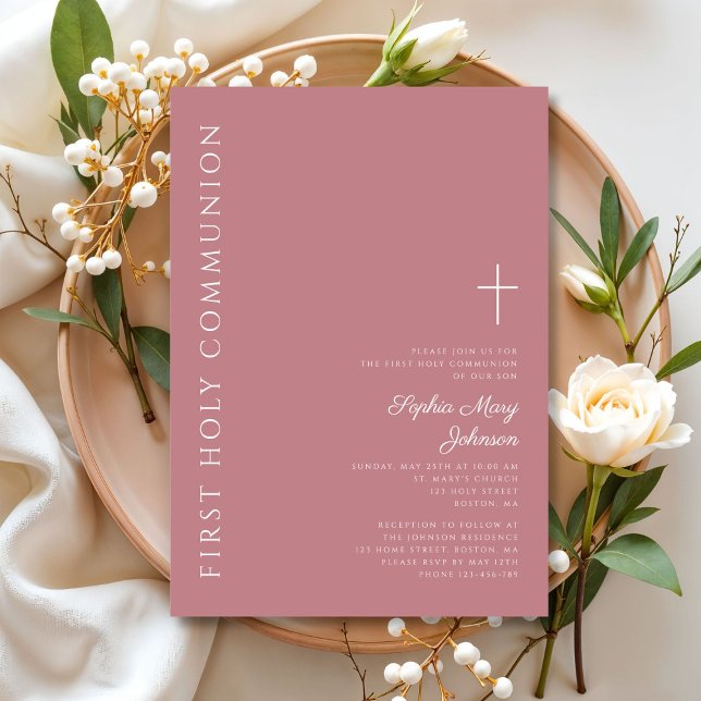 Convites Primeira Comunhão Menina Cruz Rosa Moderna (Modern Pink Cross Girl First Communion Invitation)