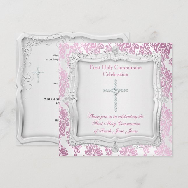 Convites Primeira Comunhão Menina Cruz Rosa Prata (Frente/Verso)