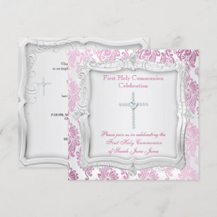 Convites Primeira Comunhão Menina Cruz Rosa Prata