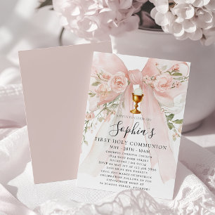 Convites Primeira Comunhão Menina Laço Rosa Floral
