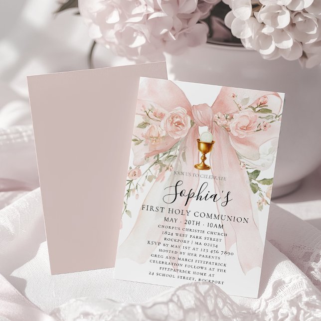 Convites Primeira Comunhão Menina Laço Rosa Floral  (Criador carregado)