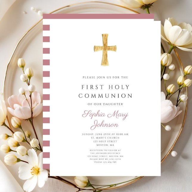 Convites Primeira Comunhão Menina Listras Rosa Moderna Cruz (Modern Pink Stripes Cross Girl First Communion Invitation )