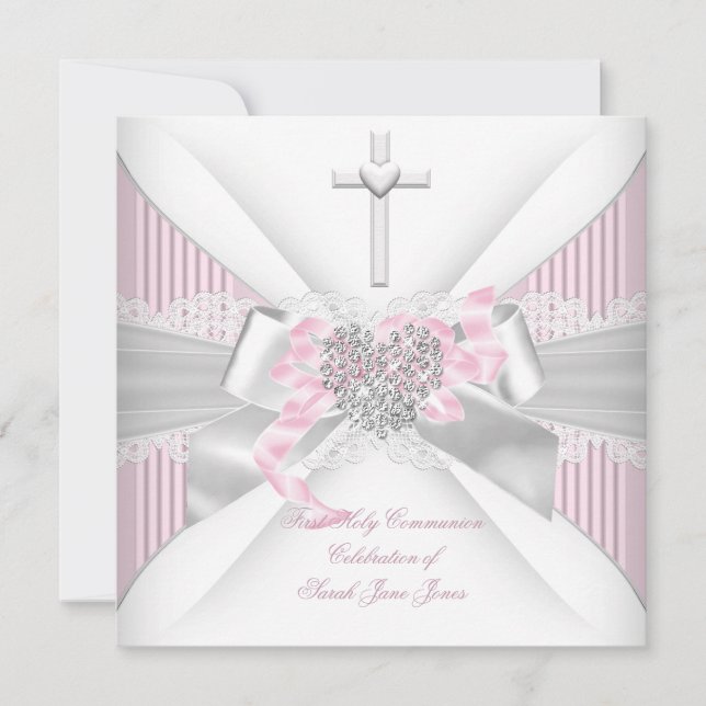Convites Primeira Comunhão Menina Rosa Branco Coração Cinza (Frente)