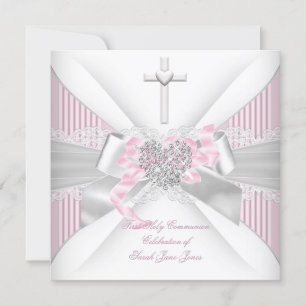 Convites Primeira Comunhão Menina Rosa Branco Coração Cinza