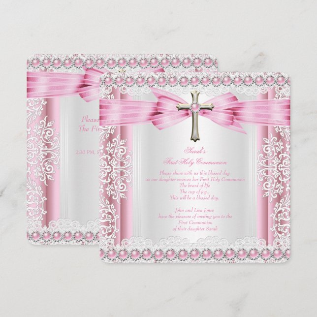Convites Primeira Comunhão Meninas Cruz Rosa Bonito Branco (Frente/Verso)