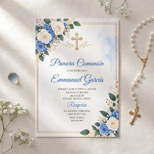 Convites Primeira Comunhão Menino Azul e Dourado Católico