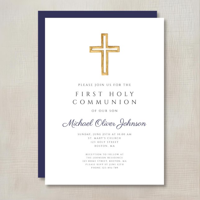 Convites Primeira Comunhão Menino Azul Marinho Religioso (Religious Navy Blue Boy First Communion Invitation)