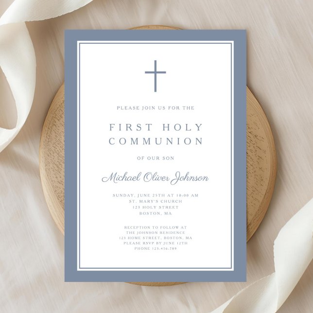 Convites Primeira Comunhão Menino Cruz Azul Empoeirado Mode (Modern Dusty Blue Cross Boy First Communion Invitation)
