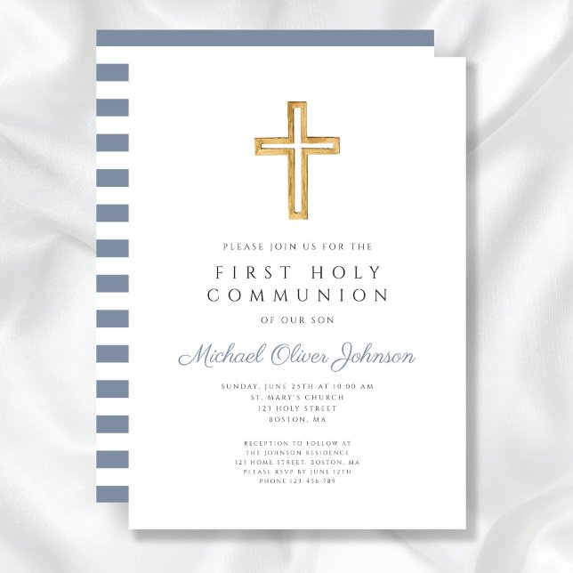 Convites Primeira Comunhão Menino Cruz Azul Moderna (Modern Blue Cross Boy First Communion Invitation)