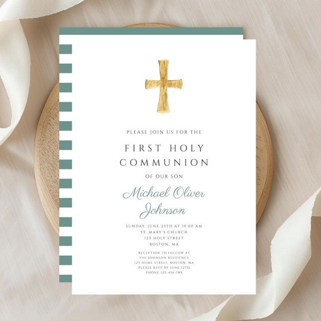 Convites Primeira Comunhão Menino Cruz Listras Verdes Moder (Modern Green Stripes Cross Boy First Communion Invitation)
