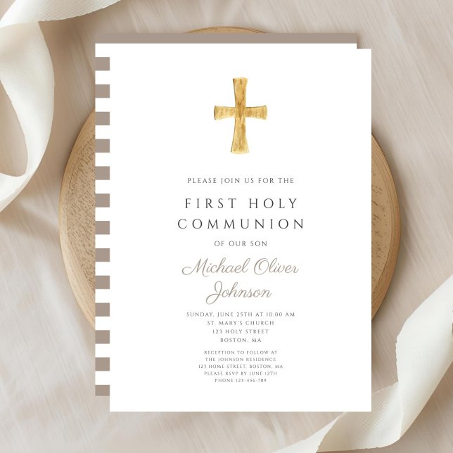 Convites Primeira Comunhão Menino Cruz Taupe Moderna (Modern Taupe Cross Boy First Communion Invitation)