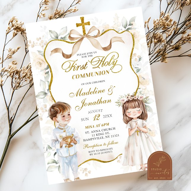 Convites Primeira Comunhão Menino e Menina Floral Branco (Criador carregado)