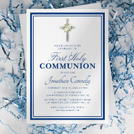 Convites Primeira Comunhão Menino Religioso Prata Azul