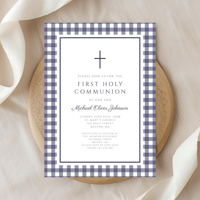 Convites Primeira Comunhão Menino Xadrez Azul Marinho Elega (Elegant Navy Blue Gingham Boy First Communion Invitation)