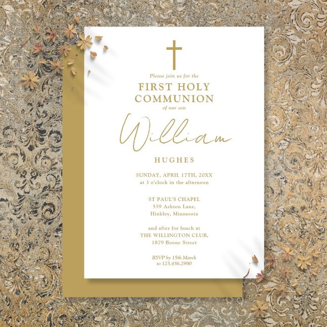 Convites Primeira Comunhão Minimalista Moderna Dourada (Gold Modern Minimalist First Holy Communion Invitation)