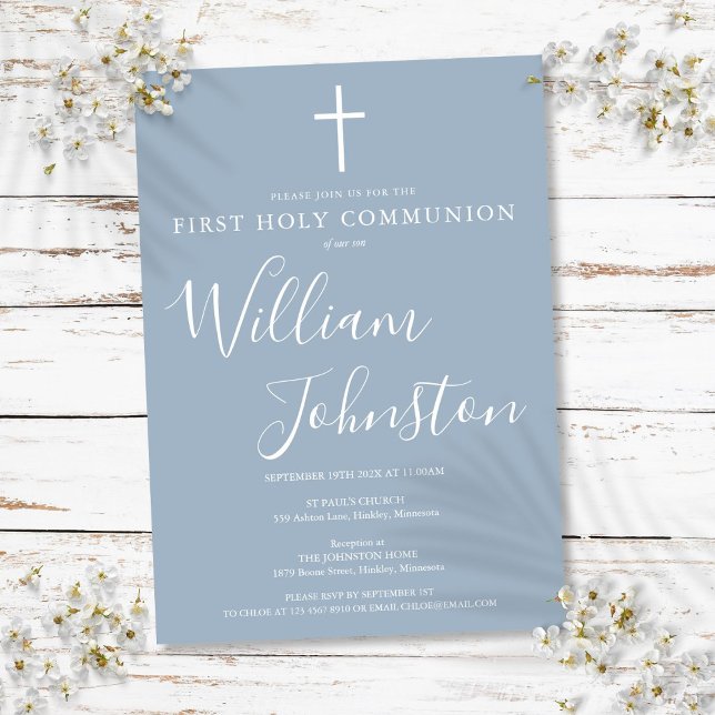 Convites Primeira Comunhão Moderna Azul Empoeirado (First Holy Communion Modern Dusty Blue Invitation)