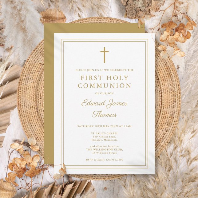 Convites Primeira Comunhão Moderna e Elegante com Borda Dou (Modern Elegant Gold Border First Holy Communion Invitation)
