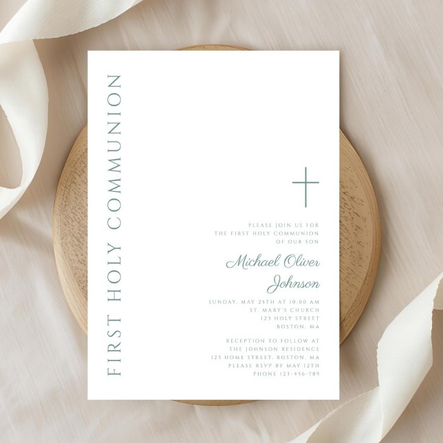 Convites Primeira Comunhão Moderna Elegante Cruz Verde (Modern Elegant Green Cross First Holy Communion Invitation)