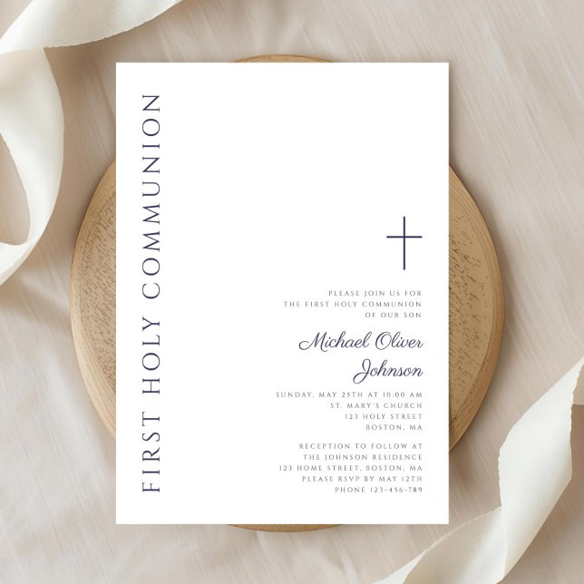 Convites Primeira Comunhão Moderna em Azul Marinho Script (Modern Navy Blue Script First Holy Communion Invitation)
