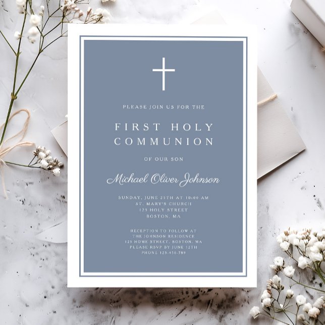 Convites Primeira Comunhão Moderna Menino Cruz Azul Empoeir (Modern Dusty Blue Cross Boy First Holy Communion Invitation)