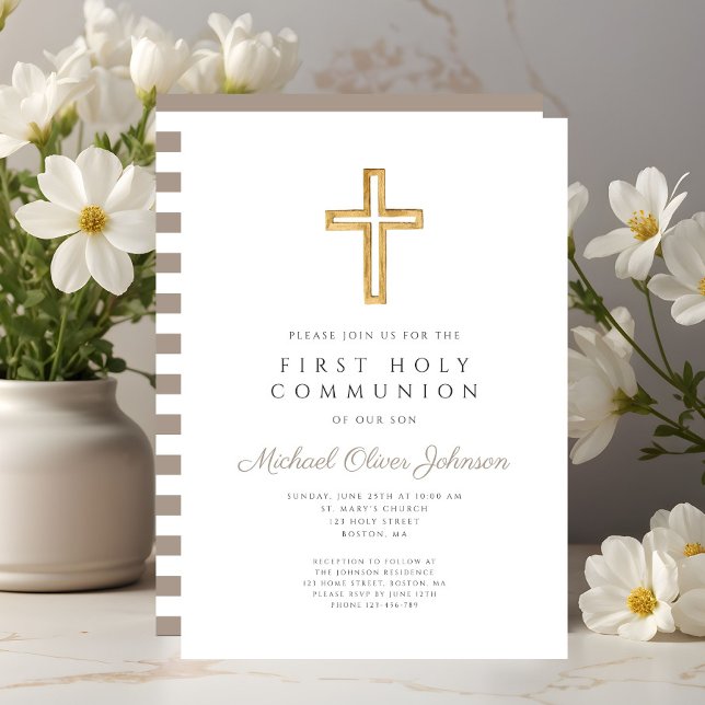 Convites Primeira Comunhão Moderna Menino Cruz Bege (Modern Taupe Cross Boy First Communion Invitation)