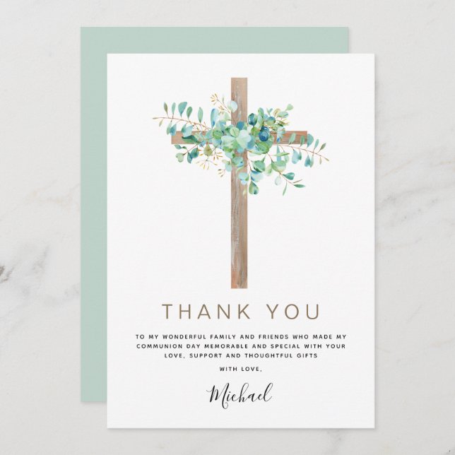 Convites Primeira Comunhão Obrigado Sage Eucalyptus Inv (Frente/Verso)