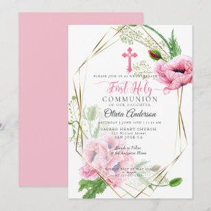 Convites Primeira Comunhão   Papagaios cor-de-rosa e folhag