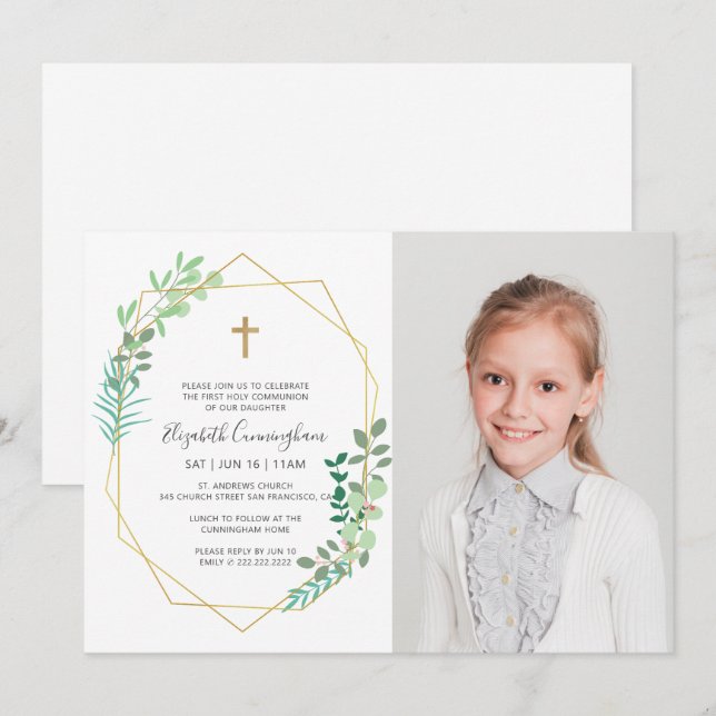 Convites Primeira Comunhão pela Cruz de Folhagem Geométrica (Frente/Verso)