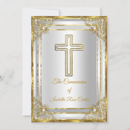 Convites Primeira Comunhão Pérola Dourado Branco Cruz Sagra