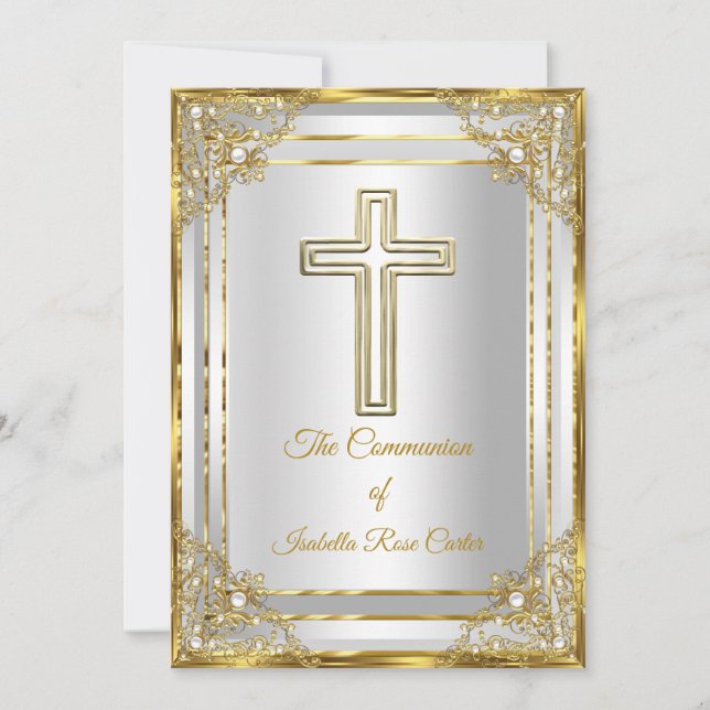 Convites Primeira Comunhão Pérola Dourado Branco Cruz Sagra (Frente)