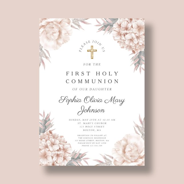 Convites Primeira Comunhão Religiosa Dourada Floral Rosa (Pink Floral Gold Cross Religious First Communion Invitation)