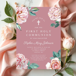Convites Primeira Comunhão Religiosa Floral Rosa Elegante M