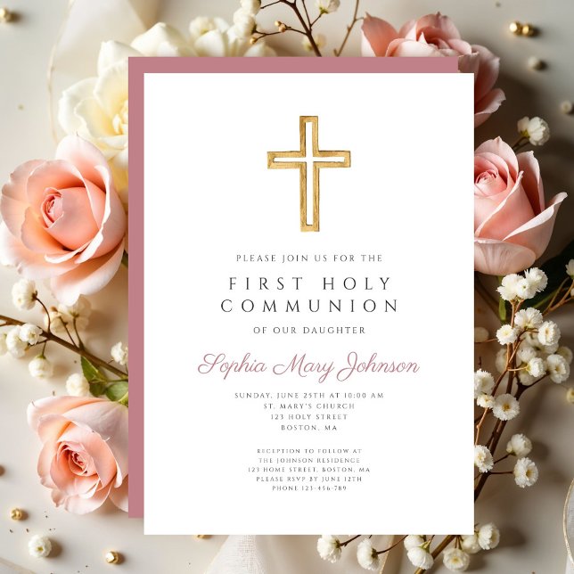 Convites Primeira Comunhão Religiosa Menina Cruz Rosa Moder (Modern Pink Cross Religious Girl First Communion Invitation)