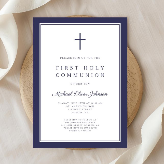 Convites Primeira Comunhão Religiosa Menino Azul-Marinho Mo (Modern Navy Blue Religious Boy First Communion Invitation)