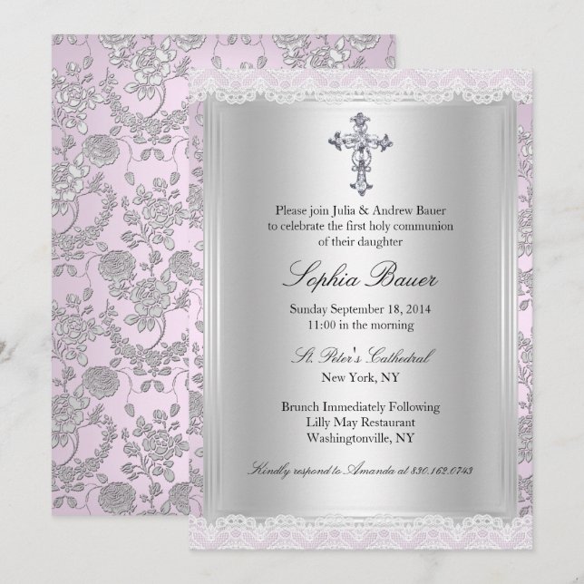 Convites Primeira Comunhão Rosa com Renda Bonita (Frente/Verso)
